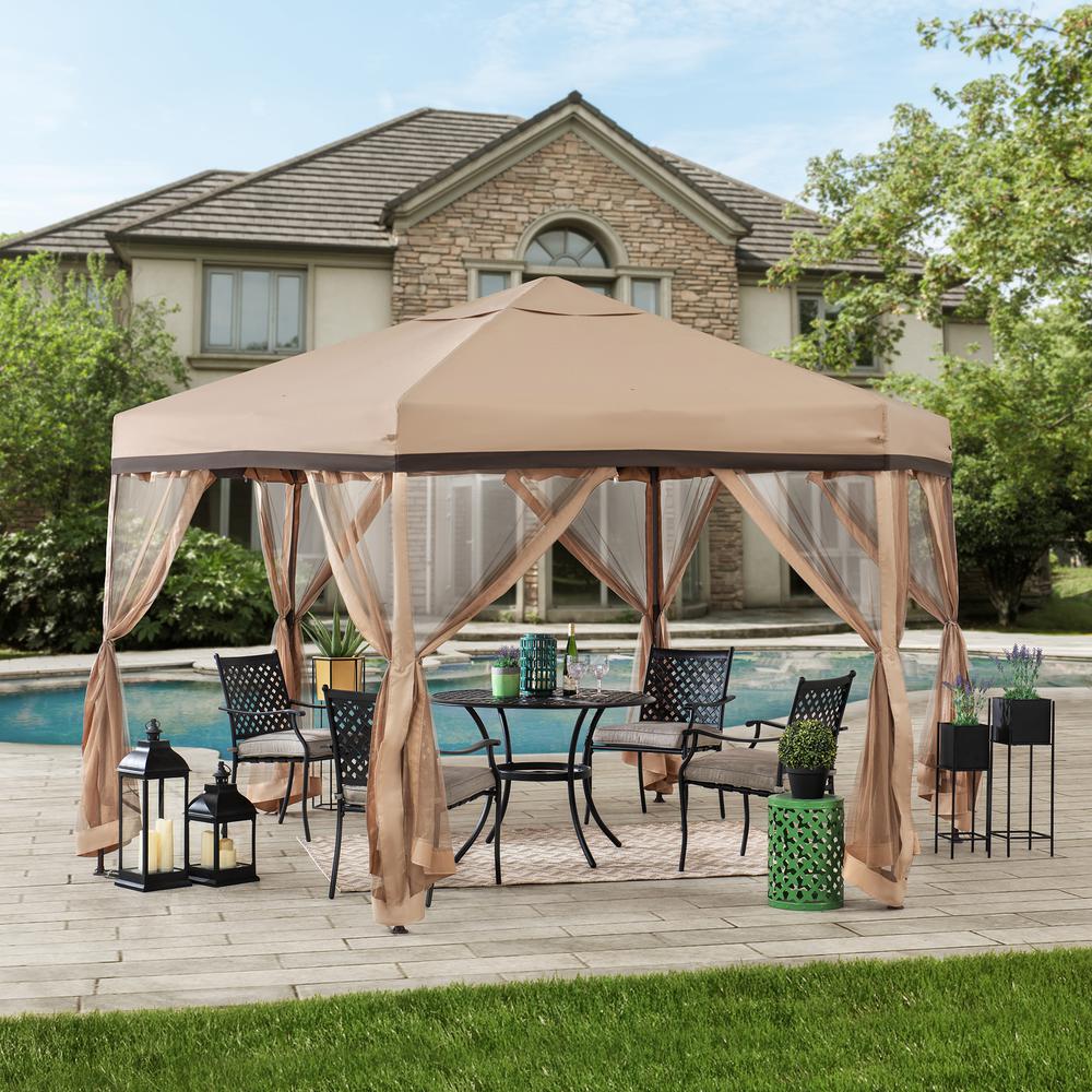 Sunjoy 11 ft. x 11 ft. Tan and Brown 2-tone Pop Up Portable Hexagon Steel Gazebo. Picture 7
