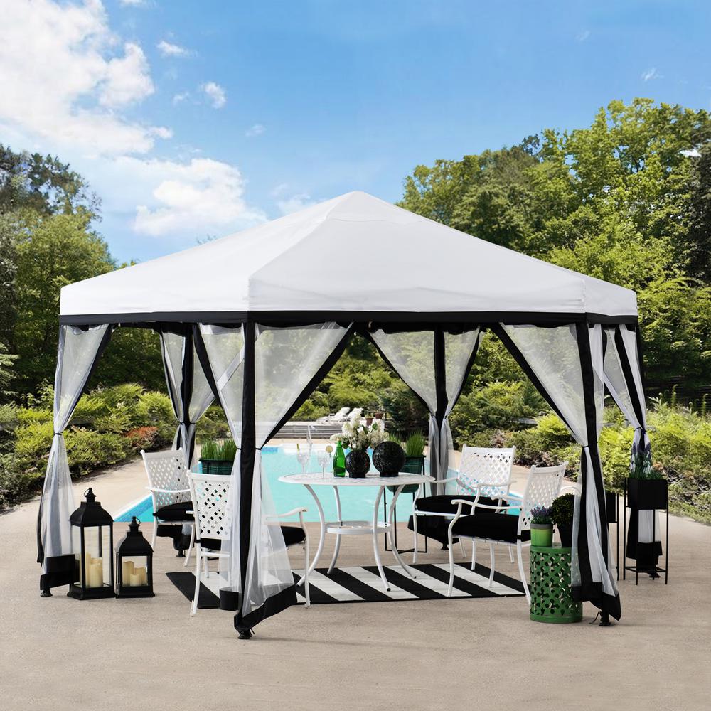 Sunjoy 11 ft. x 11 ft. White and Black 2-tone Pop Up Portable Hexagon Steel Gazebo. Picture 6