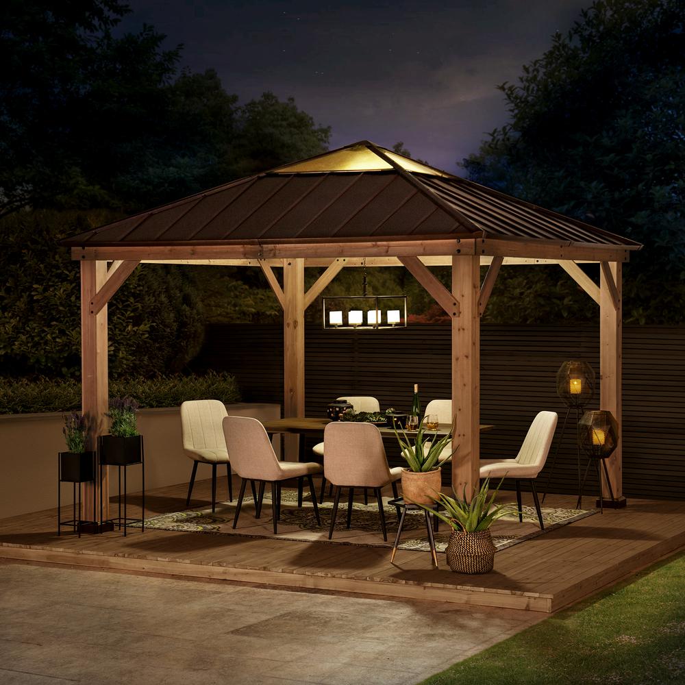 Aleah Outdoor Patio Cedar Framed Gazebo with Polycarbonate Hip Roof Hardtop. Picture 8
