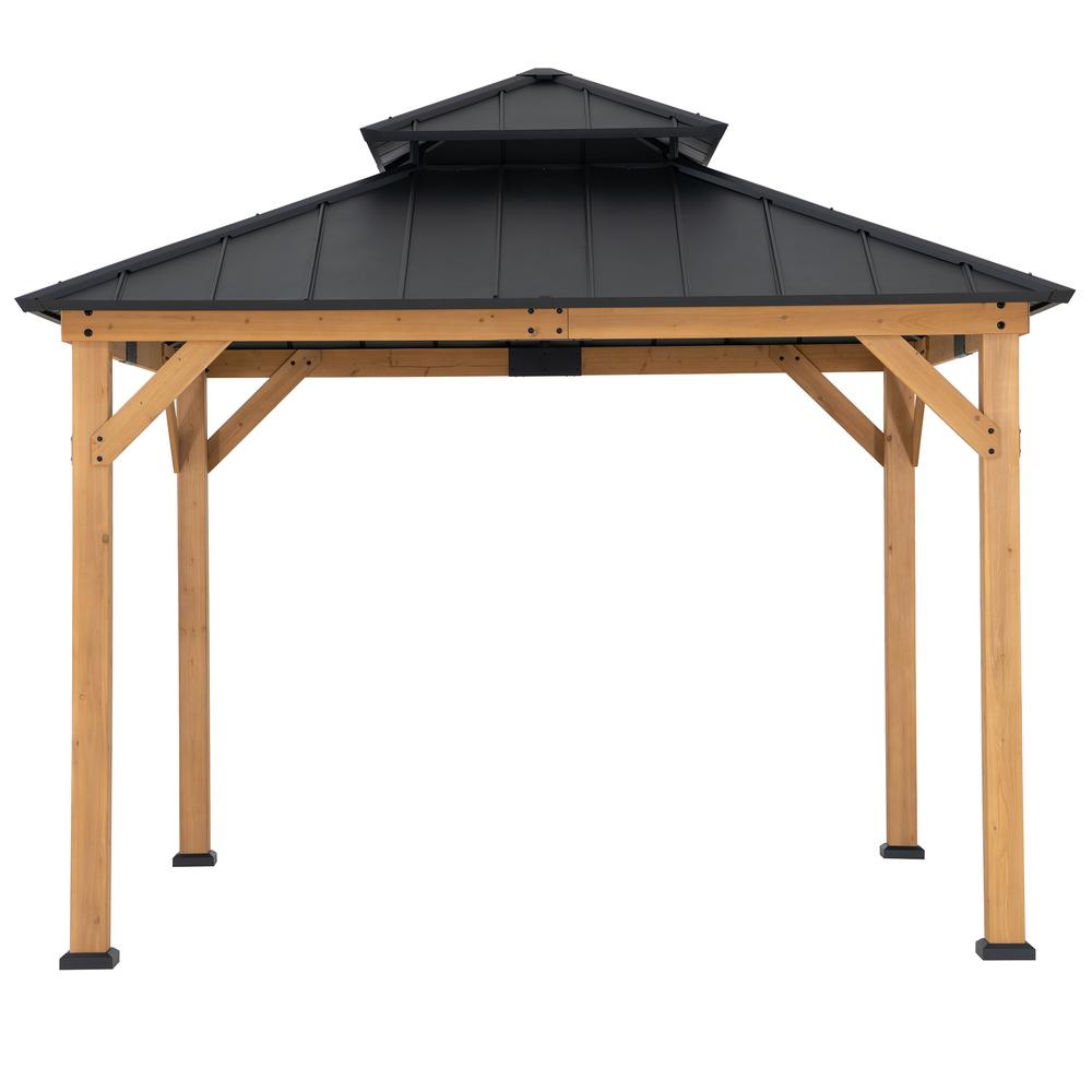 Wood Gazebo with 2-tier Metal Roof, for Patios, Lawn, and Backyard, Black. Picture 1