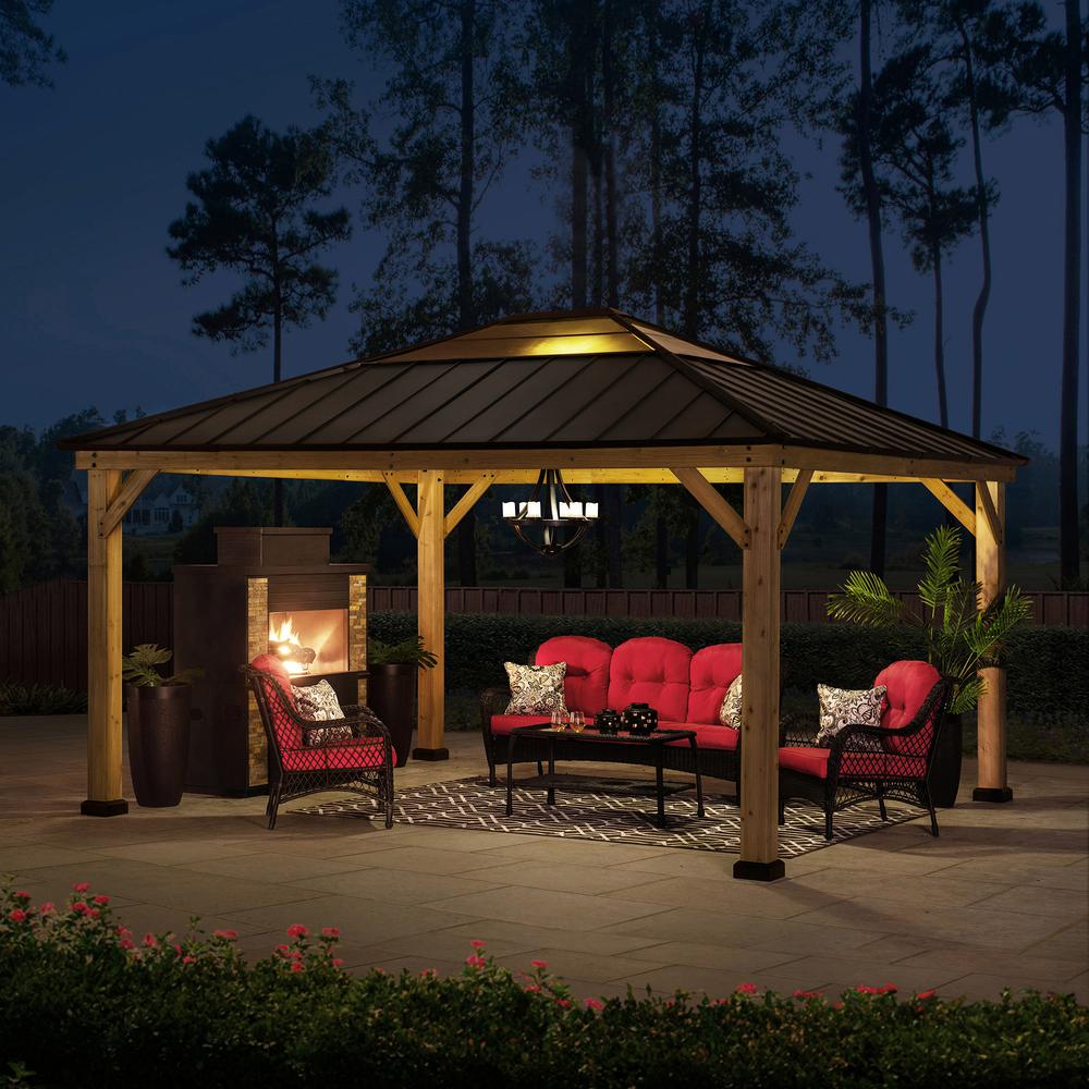 Outdoor Patio Cedar Framed Gazebo with Steel and Polycarbonate Hip Roof Hardtop. Picture 9