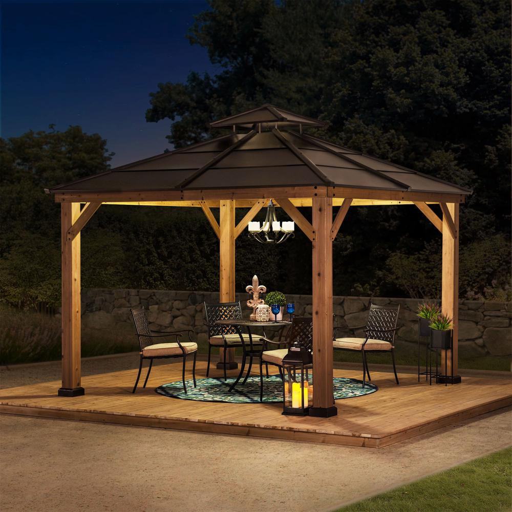 Outdoor Patio Cedar Framed Gazebo with Brown Double Steel Hardtop Roof. Picture 6