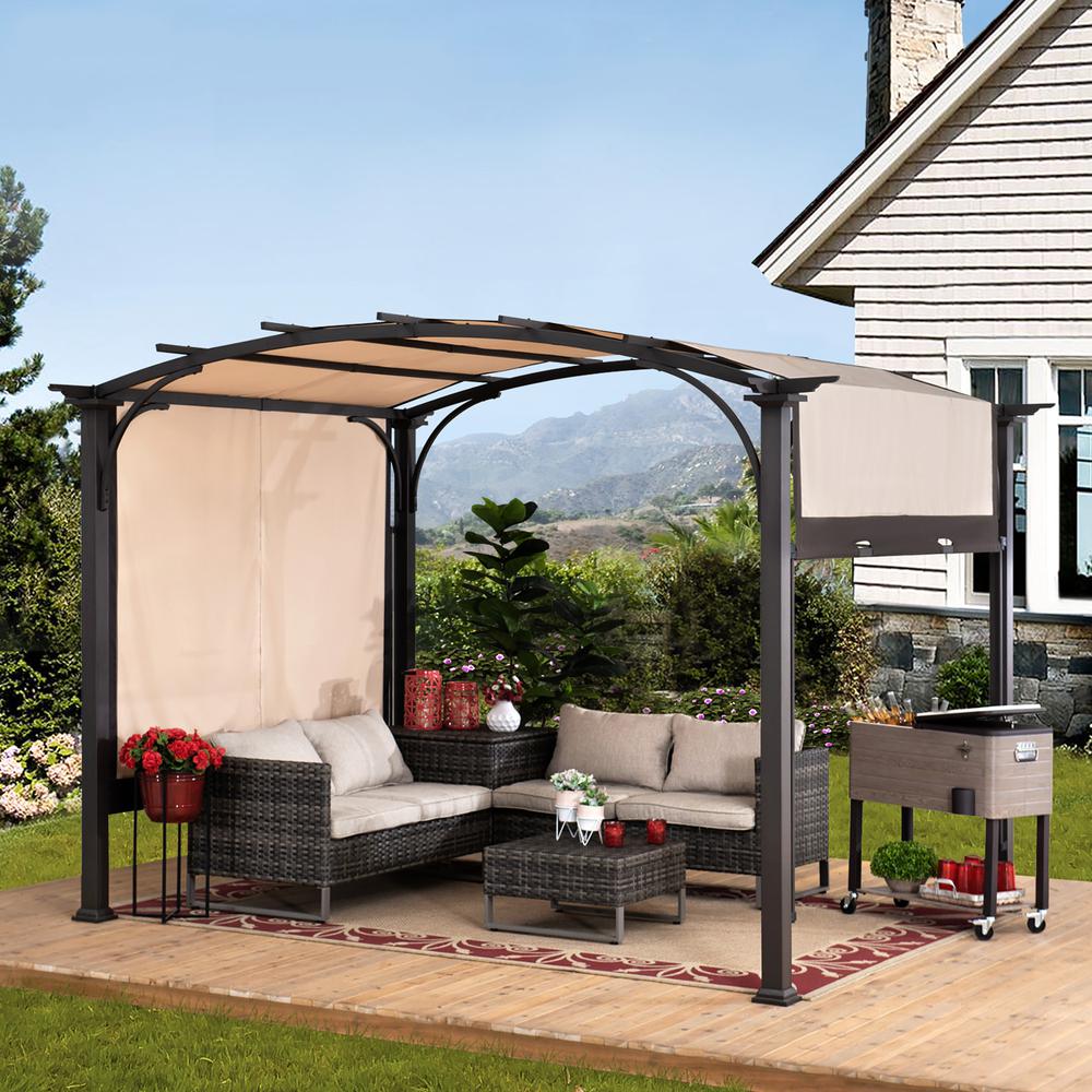 Pergola with Adjustable Canopy for Patio, Backyard, and Garden, Tan & Brown. Picture 16