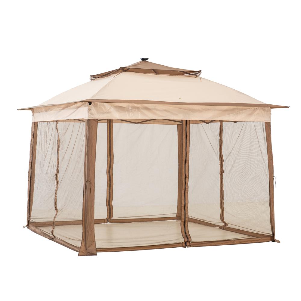 Sunjoy 11 ft. x 11 ft. Pop Up Portable Steel Gazebo with Solar LED Lighting in Brown. Picture 3