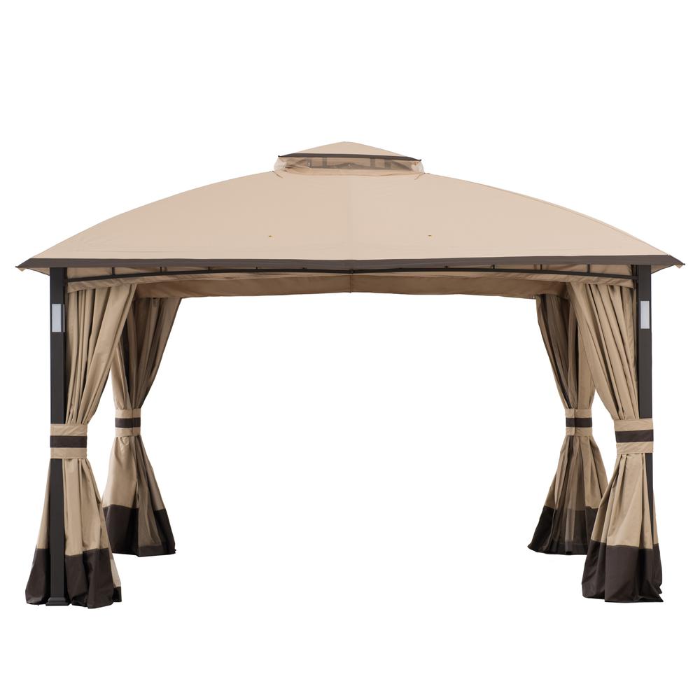 Sunjoy 11 ft. x 13 ft. Tan and Brown Gazebo with LED Lighting and Bluetooth Sound. Picture 1