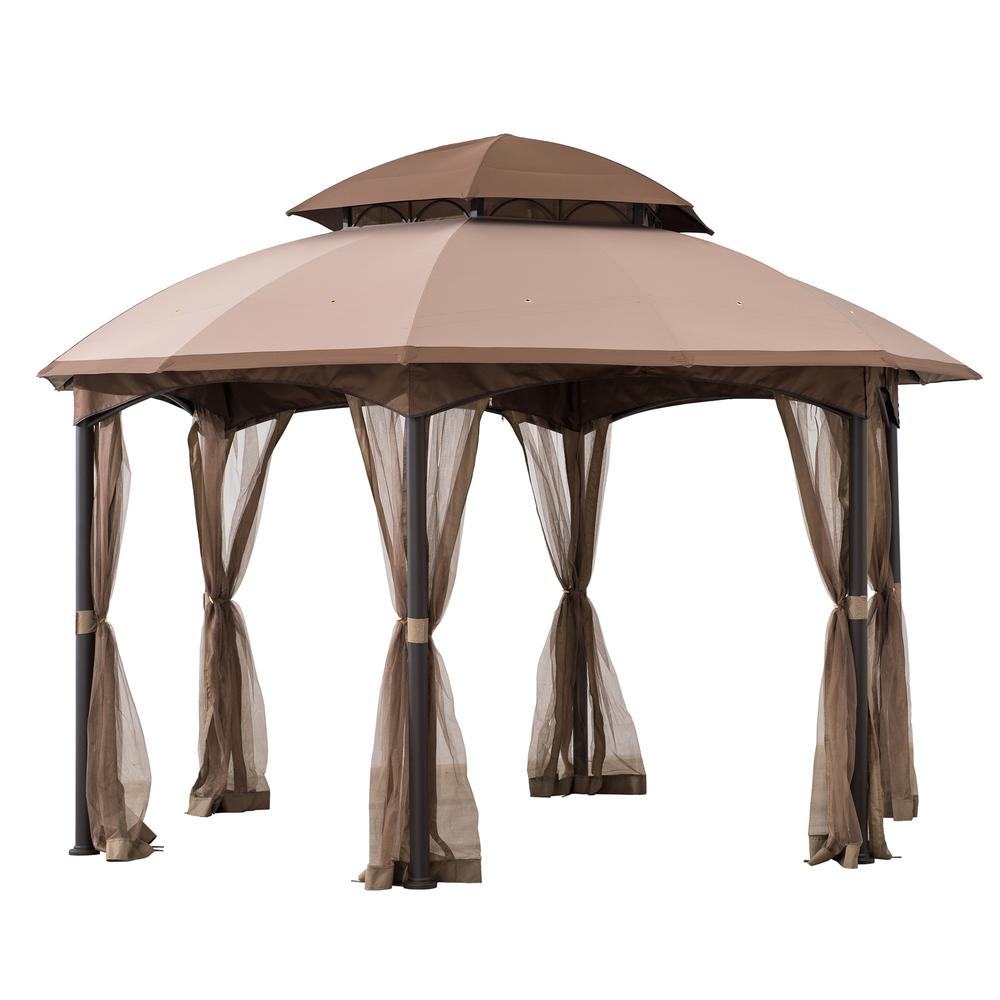 Sunjoy 13.5 ft. x 13.5 ft. Brown Steel Gazebo with 2-tier Tan and Brown Dome Canopy. Picture 1