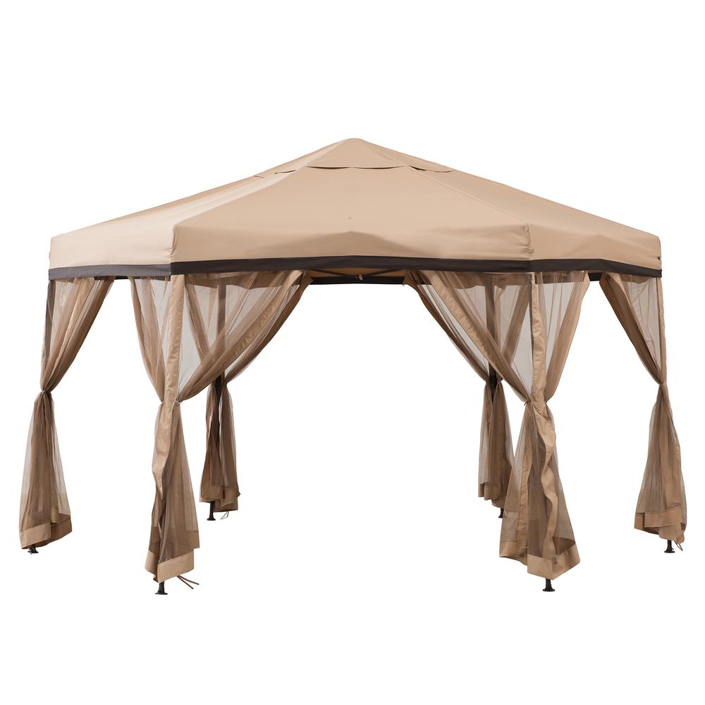 Sunjoy 11 ft. x 11 ft. Tan and Brown 2-tone Pop Up Portable Hexagon Steel Gazebo. Picture 1