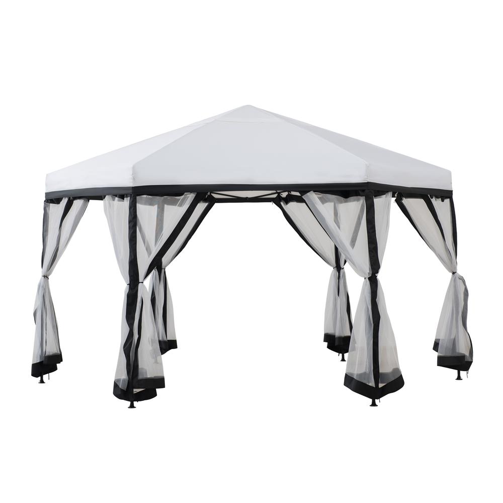 Sunjoy 11 ft. x 11 ft. White and Black 2-tone Pop Up Portable Hexagon Steel Gazebo. Picture 1