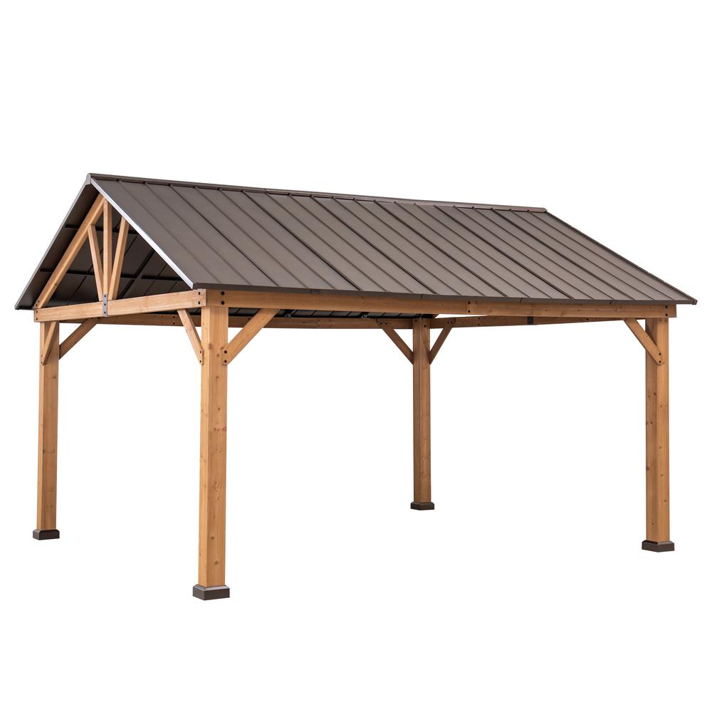 Sunjoy 13 ft. x 15 ft. Cedar Framed Gazebo with Brown Steel Gable Roof Hardtop. Picture 2