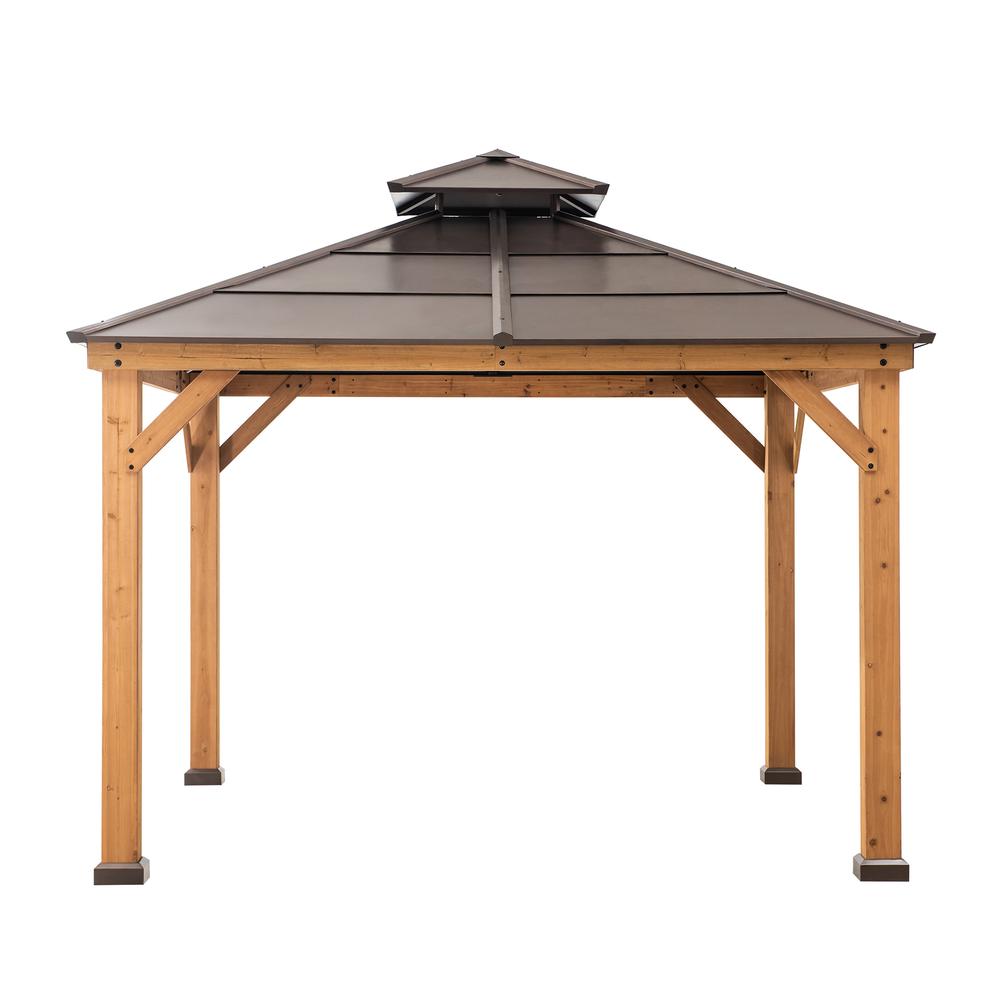 Outdoor Patio Cedar Framed Gazebo with Brown Double Steel Hardtop Roof. Picture 2