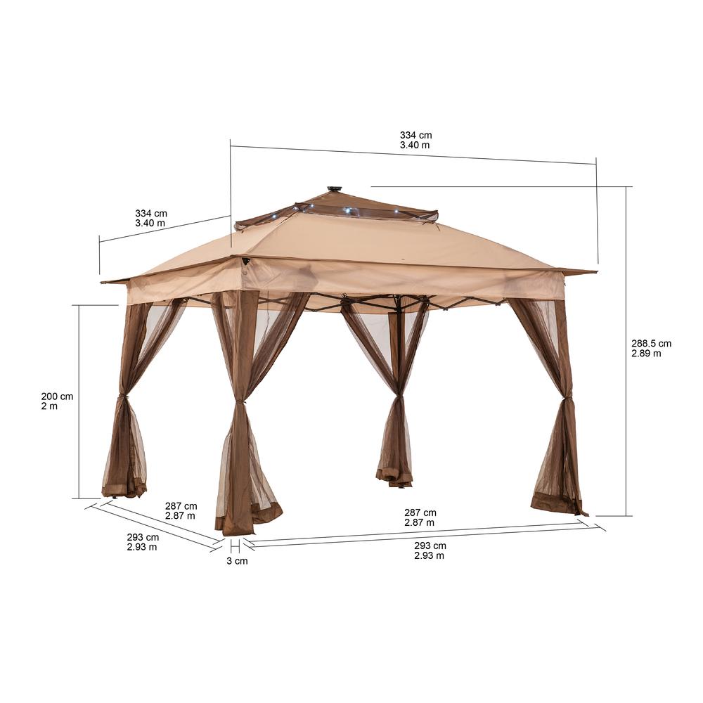 Sunjoy 11 ft. x 11 ft. Pop Up Portable Steel Gazebo with Solar LED Lighting in Brown. Picture 4