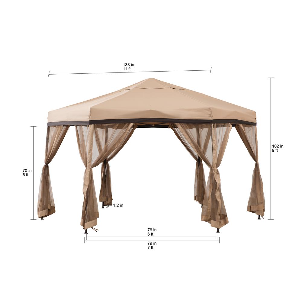 Sunjoy 11 ft. x 11 ft. Tan and Brown 2-tone Pop Up Portable Hexagon Steel Gazebo. Picture 9