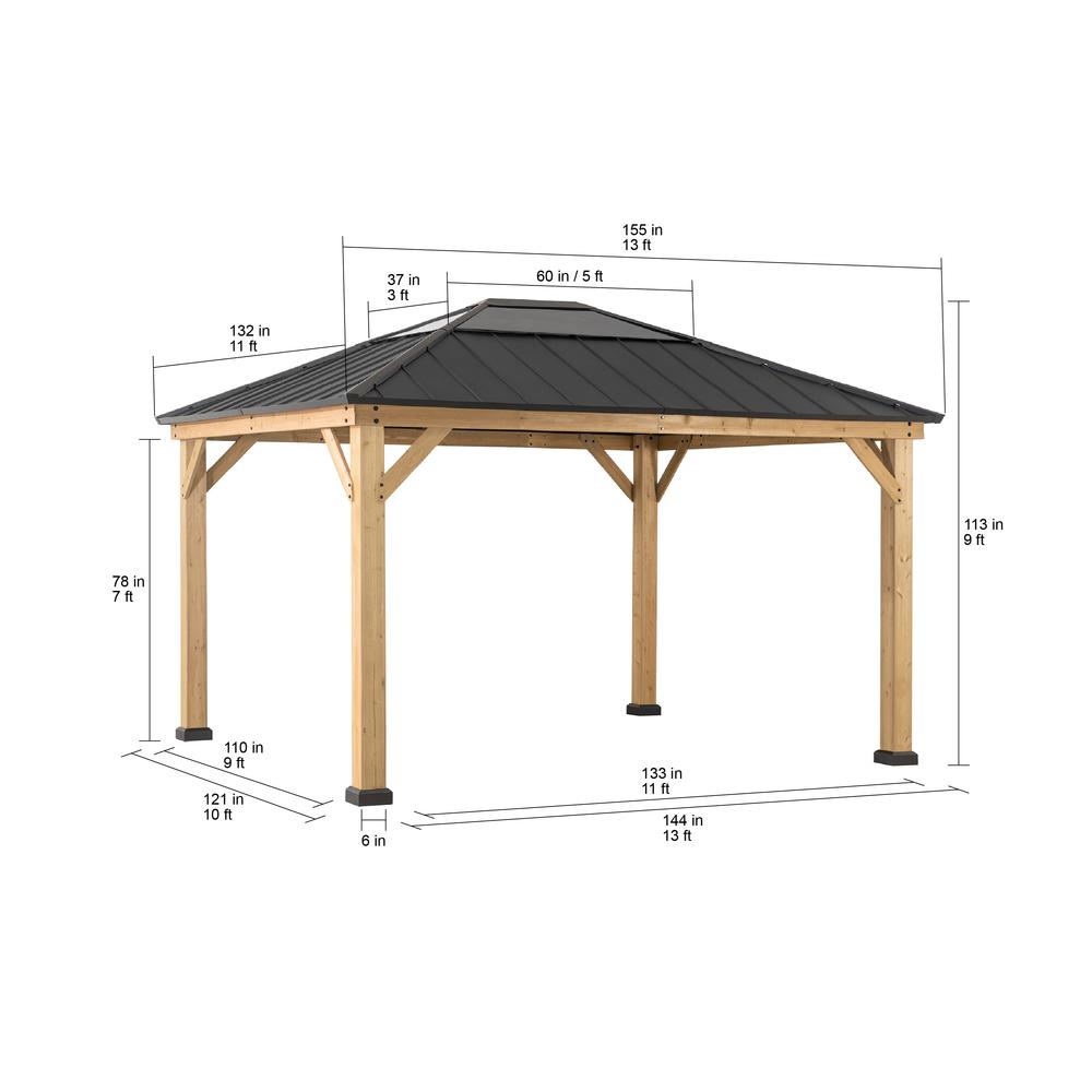 Sunjoy 11 ft. x 13 ft. Cedar Framed Gazebo with Black Steel and Polycarbonate Hip Roof Hard Top. Picture 7