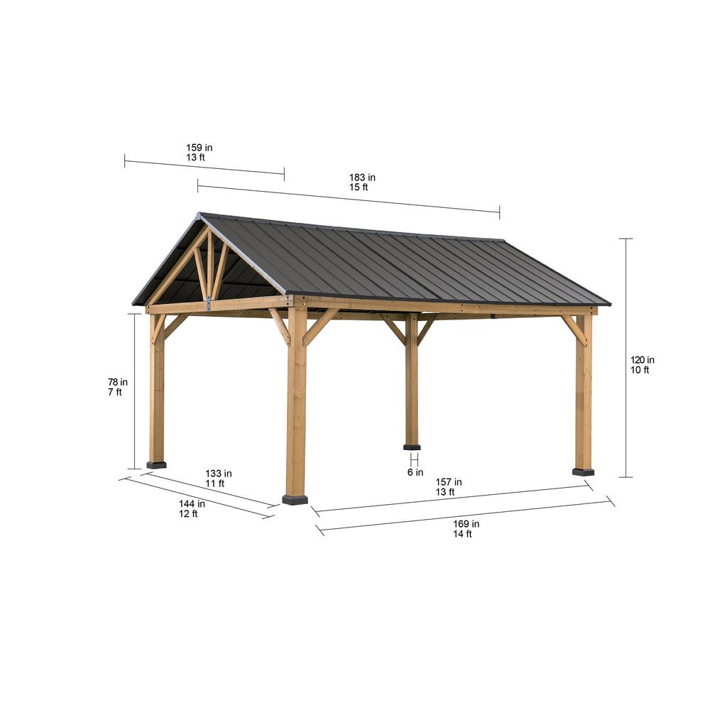 Sunjoy 13 ft. x 15 ft. Cedar Framed Gazebo with Brown Steel Gable Roof Hardtop. Picture 7