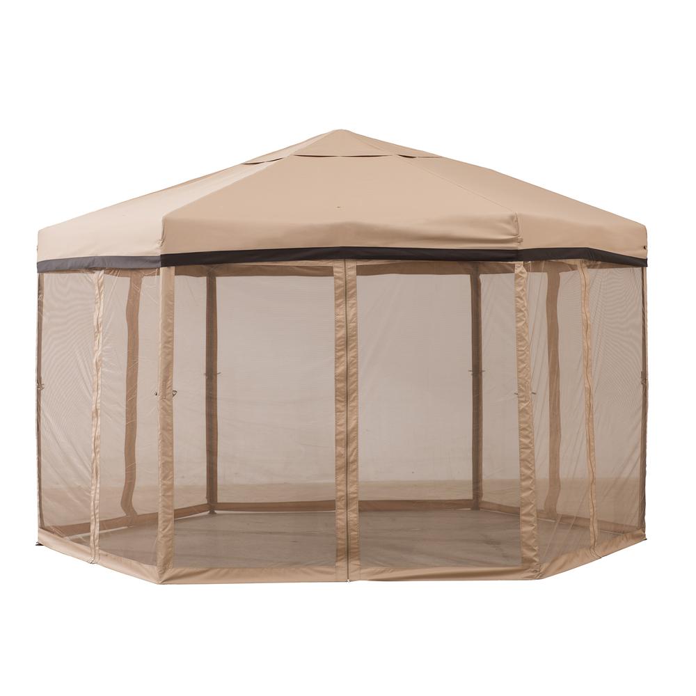 Sunjoy 11 ft. x 11 ft. Tan and Brown 2-tone Pop Up Portable Hexagon Steel Gazebo. Picture 2