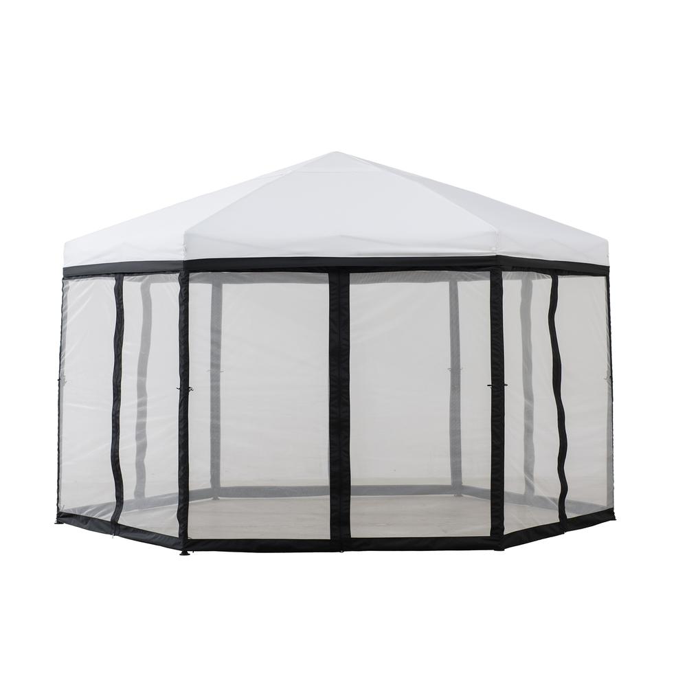 Sunjoy 11 ft. x 11 ft. White and Black 2-tone Pop Up Portable Hexagon Steel Gazebo. Picture 9