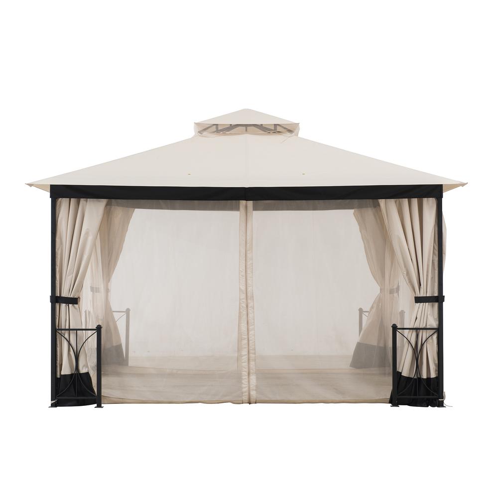 Sunjoy 11 ft. x 13 ft. Beige and Black Steel Gazebo with 2-tier Hip Roof. Picture 1