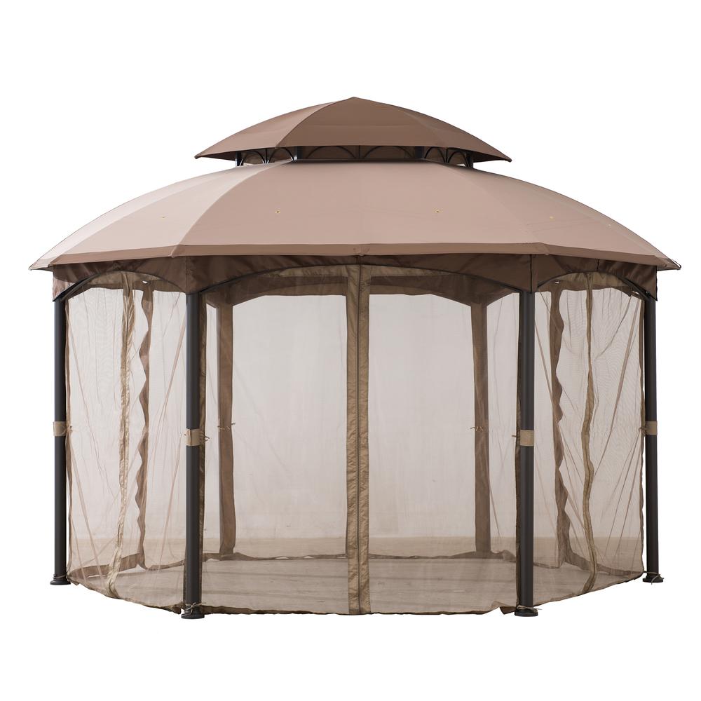 Sunjoy 13.5 ft. x 13.5 ft. Brown Steel Gazebo with 2-tier Tan and Brown Dome Canopy. Picture 2