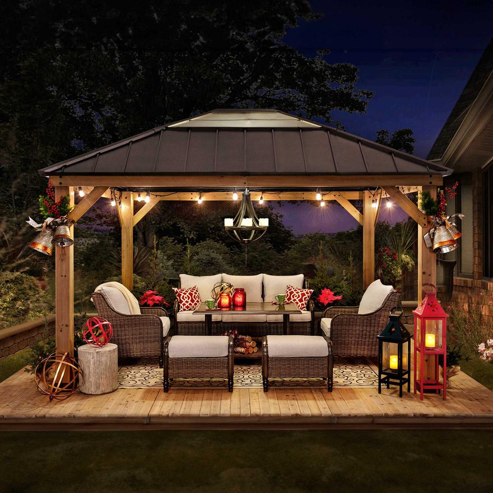 Outdoor Patio Cedar Framed Gazebo with Steel and Polycarbonate Hip Roof Hardtop. Picture 8
