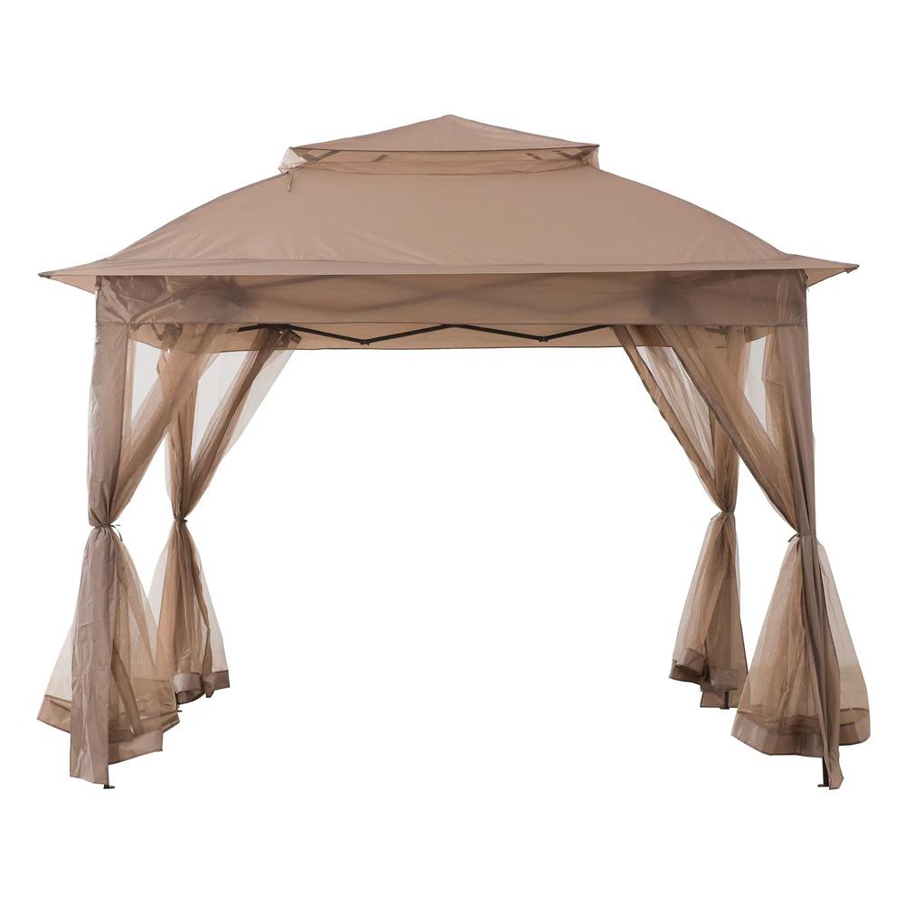 Patio Brown Steel Frame 11 x 11 ft Pop Up Portable 2 Tier Soft Top Gazebo. Picture 1