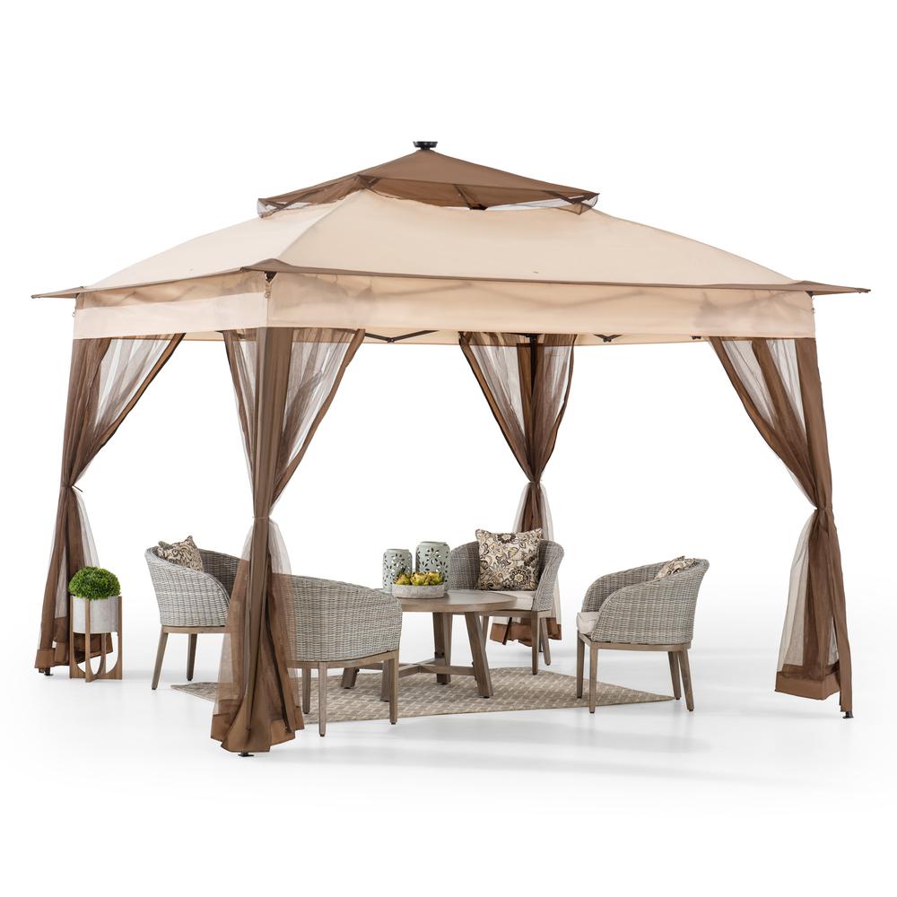 Sunjoy 11 ft. x 11 ft. Pop Up Portable Steel Gazebo with Solar LED Lighting in Brown. Picture 11