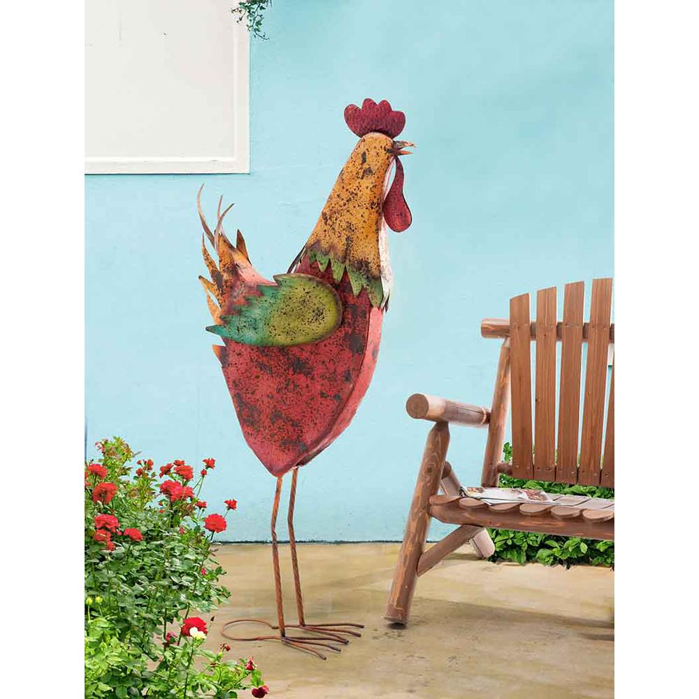 Sunjoy Giant Metal Rooster Hand Painted Metal Garden Statue, 59 Inches