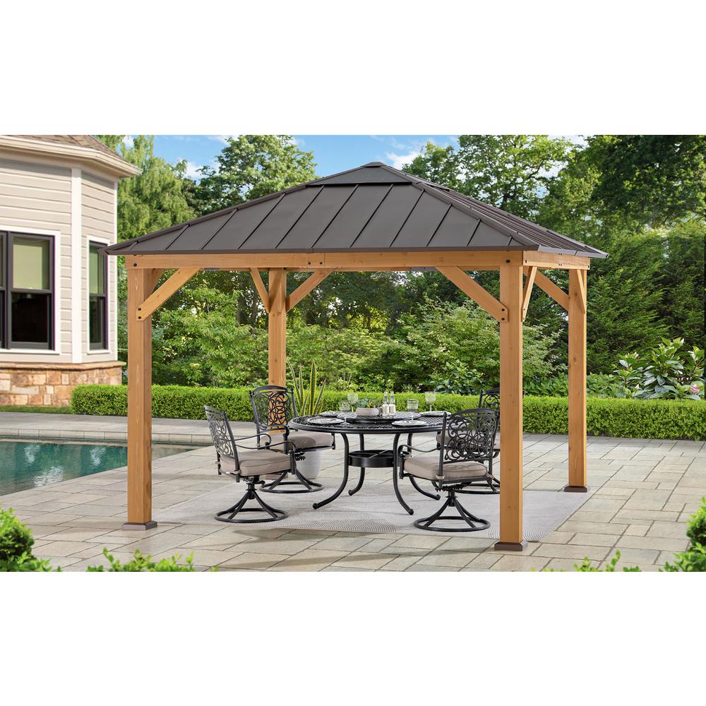 Gazebo with Brown Steel and Polycarbonate Hip Roof Hard Top. Picture 9