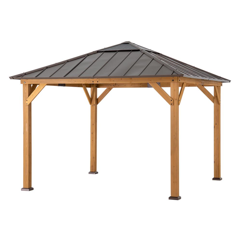 Gazebo with Brown Steel and Polycarbonate Hip Roof Hard Top. Picture 11