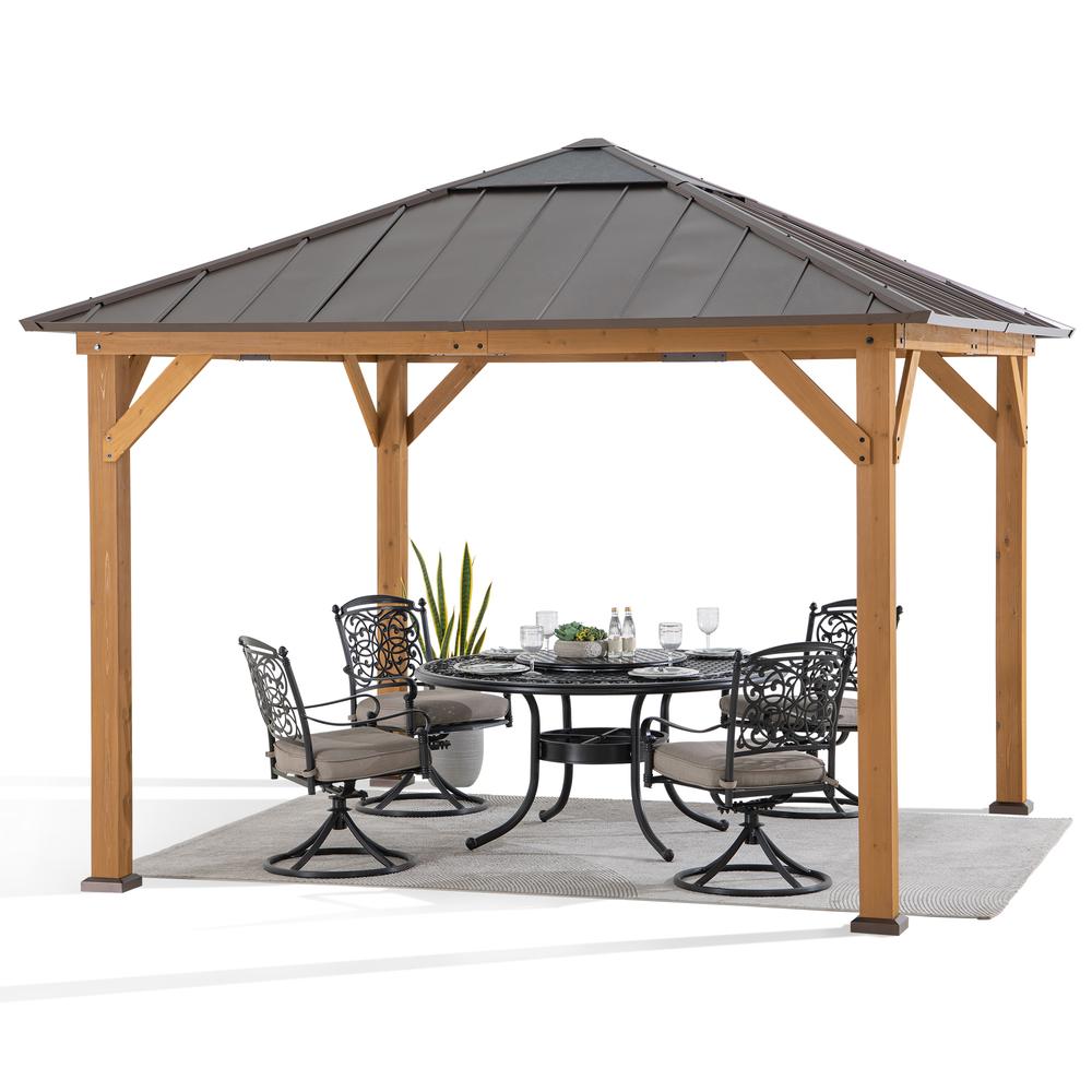 Gazebo with Brown Steel and Polycarbonate Hip Roof Hard Top. Picture 10