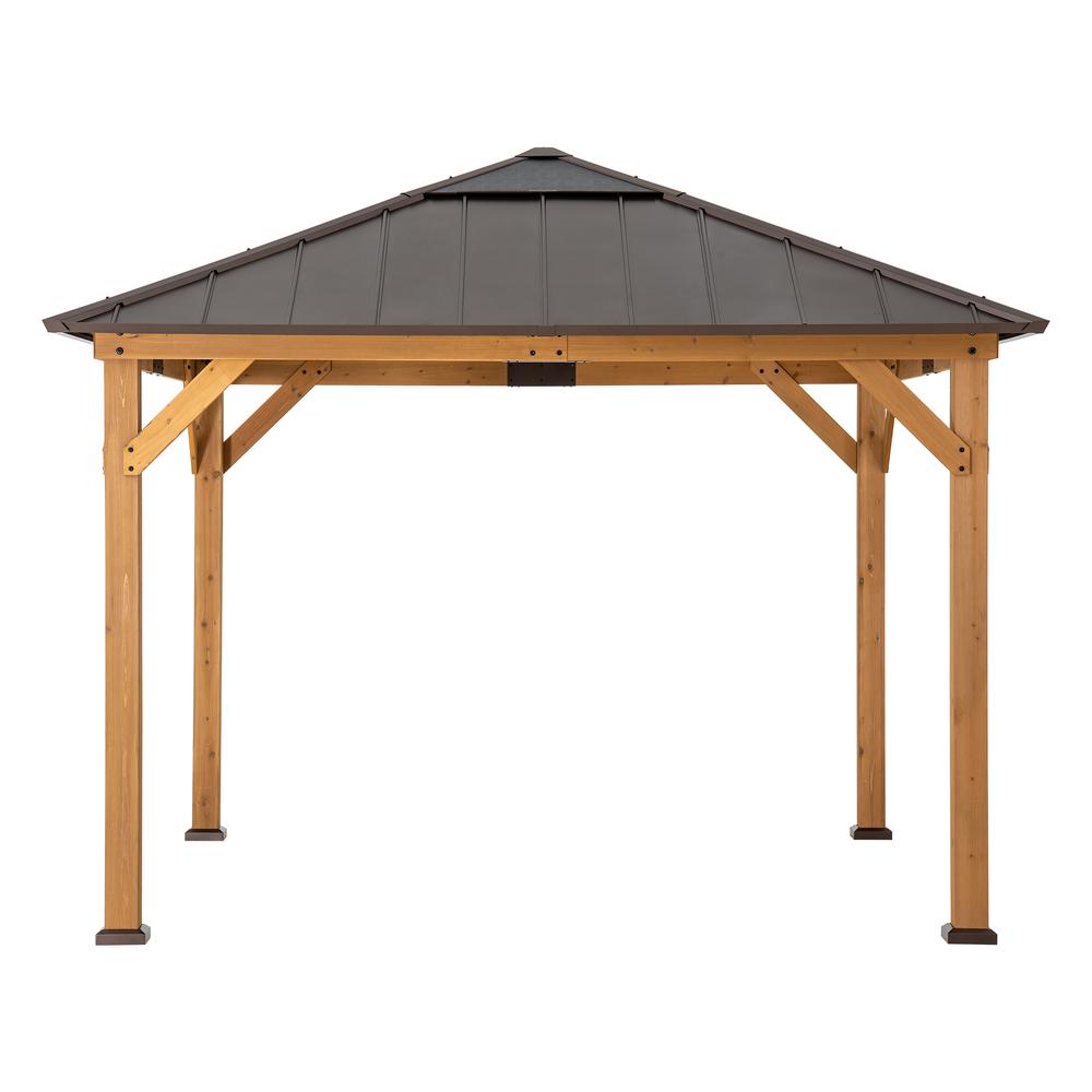 Gazebo with Brown Steel and Polycarbonate Hip Roof Hard Top. Picture 12