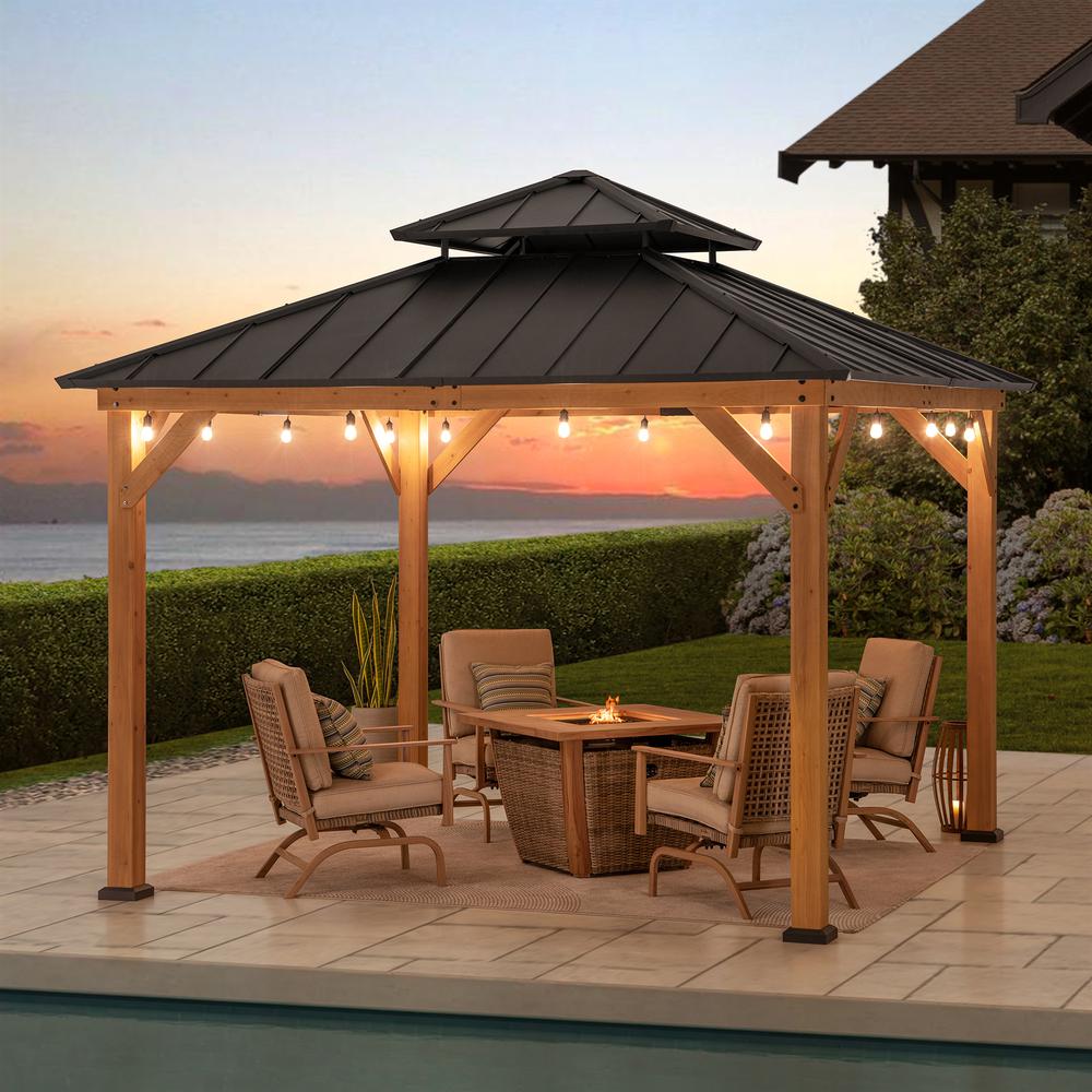 Wood Gazebo with 2-tier Metal Roof, for Patios, Lawn, and Backyard, Black. Picture 12