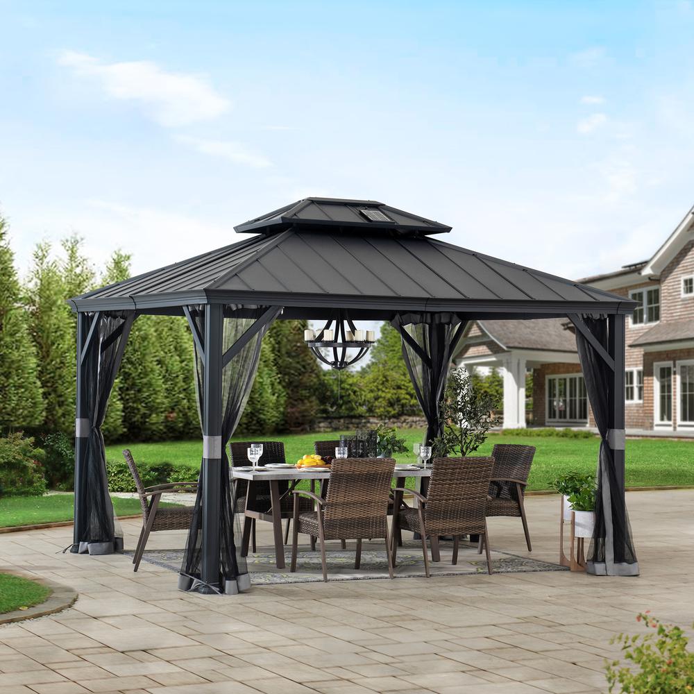 Sunjoy 10 x 12ft Patio Aluminum Frame Gazebo with Solar Panel and 2-Tier Hardtop. Picture 13