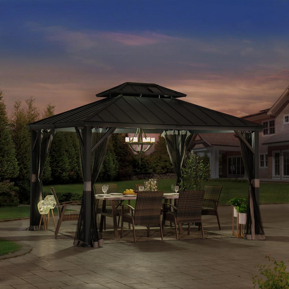 Sunjoy 10 x 12ft Patio Aluminum Frame Gazebo with Solar Panel and 2-Tier Hardtop. Picture 14
