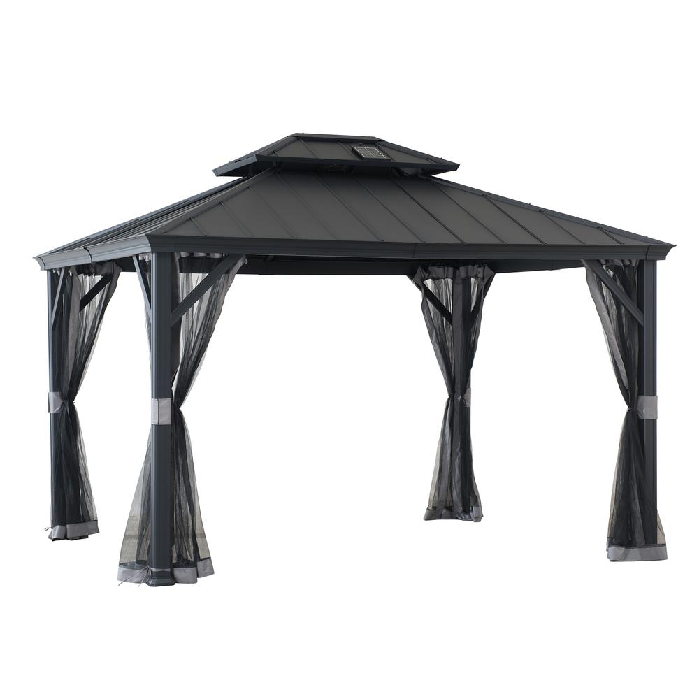 Sunjoy 10 x 12ft Patio Aluminum Frame Gazebo with Solar Panel and 2-Tier Hardtop. Picture 16