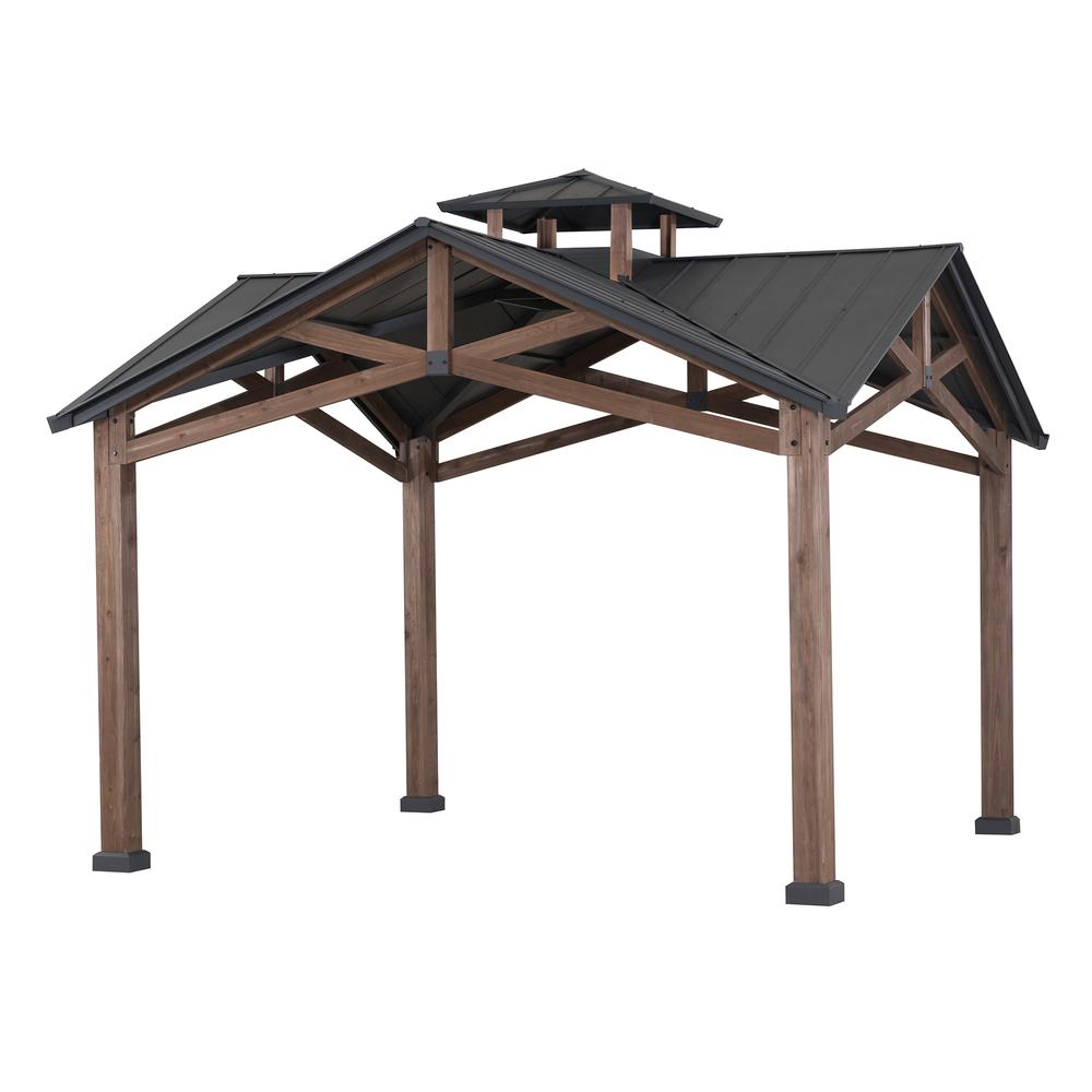 Bella Outdoor Patio Cedar Frame Gazebo with Steel 2-Tier Hardtop Roof. Picture 1