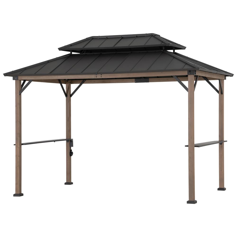 Durable Cedar Framed Wood Gazebo with Built-In Electrical Outlets, Brown. Picture 1