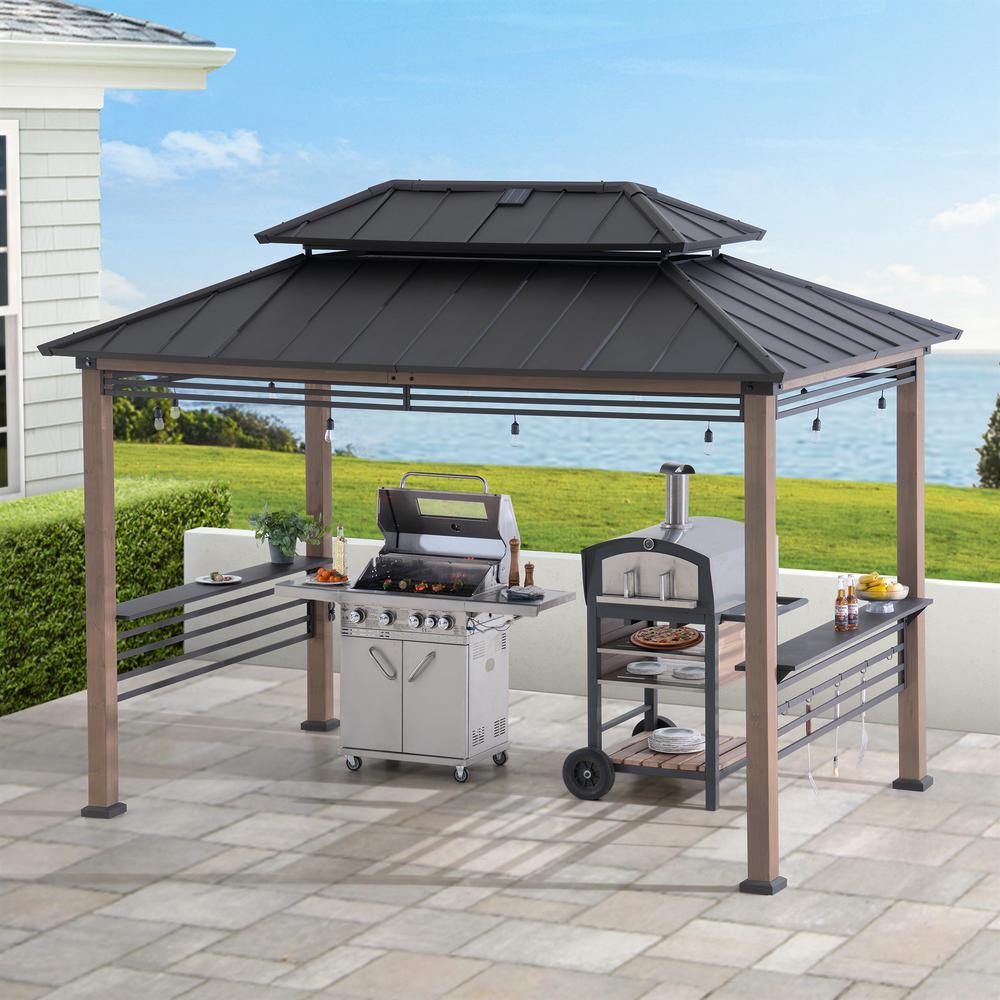 Wood Gazebo with Built-In Electrical Outlets and Decorative Fence, Brown. Picture 18