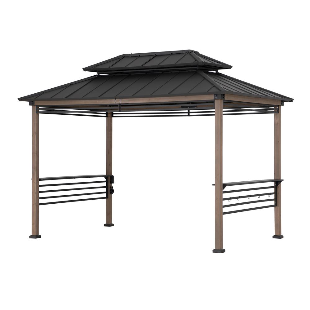 Wood Gazebo with Built-In Electrical Outlets and Decorative Fence, Brown. Picture 20