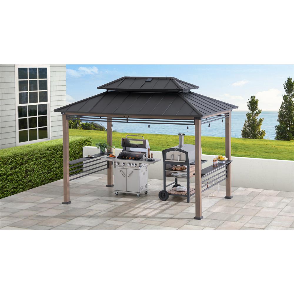 Wood Gazebo with Built-In Electrical Outlets and Decorative Fence, Brown. Picture 17