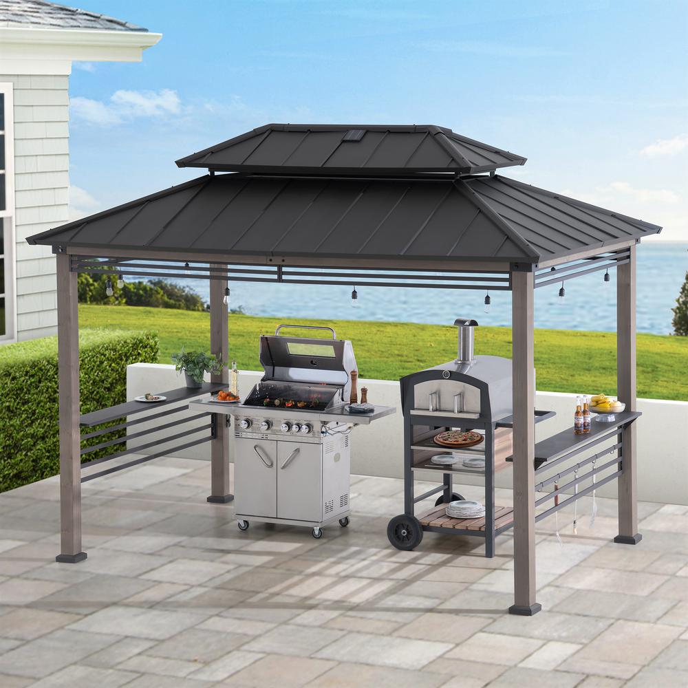Wood Gazebo with Built-In Electrical Outlets and Decorative Fence, Black. Picture 20