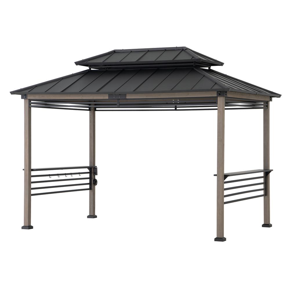 Wood Gazebo with Built-In Electrical Outlets and Decorative Fence, Black. Picture 18
