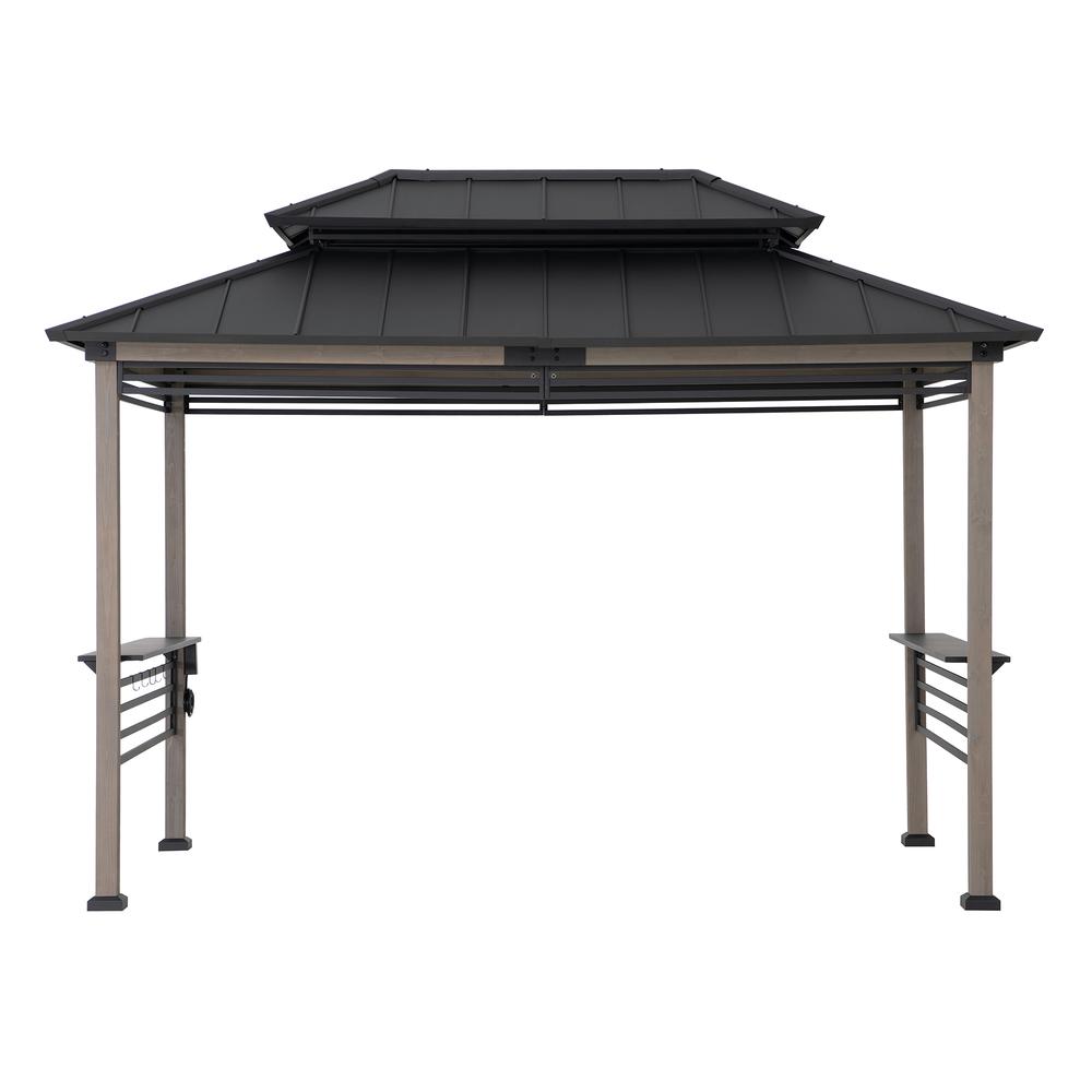 Wood Gazebo with Built-In Electrical Outlets and Decorative Fence, Black. Picture 19