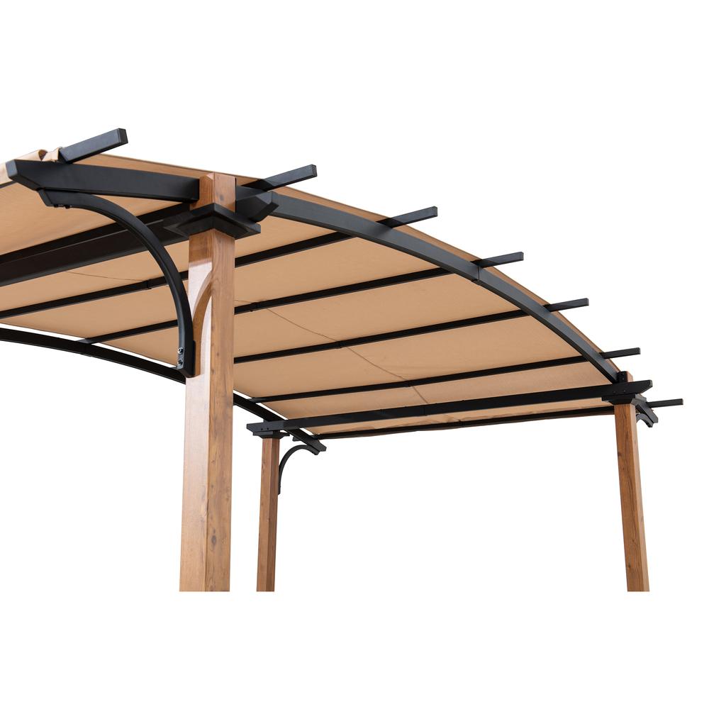 Steel Arched Metal Pergola with Natural Wood Looking Finish and Tan Shade. Picture 6