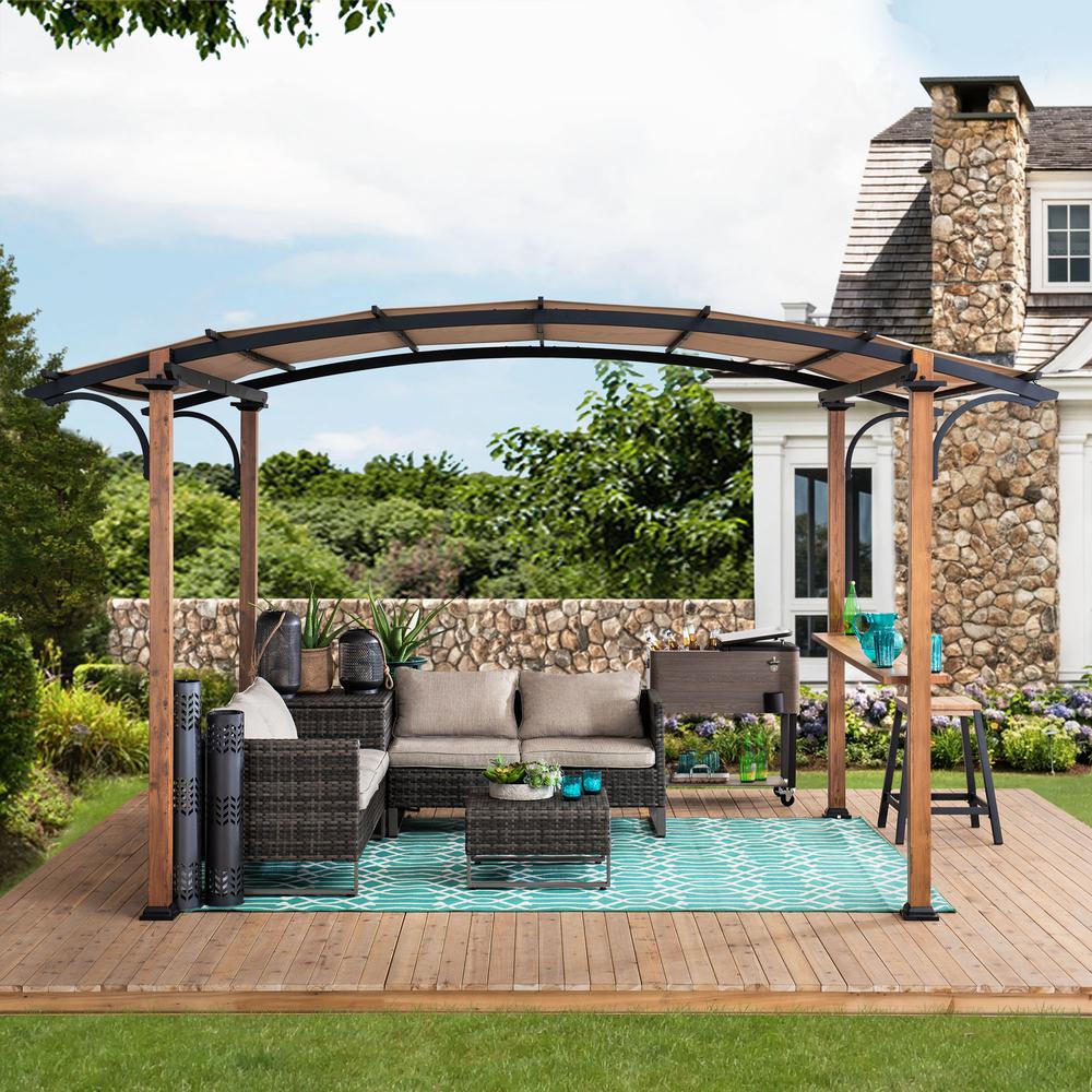 Steel Arched Metal Pergola with Natural Wood Looking Finish and Tan Shade. Picture 10
