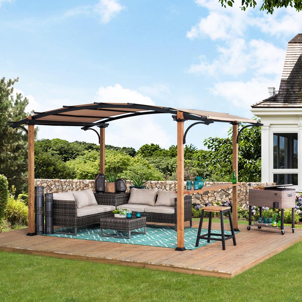 Steel Arched Metal Pergola with Natural Wood Looking Finish and Tan Shade. Picture 11