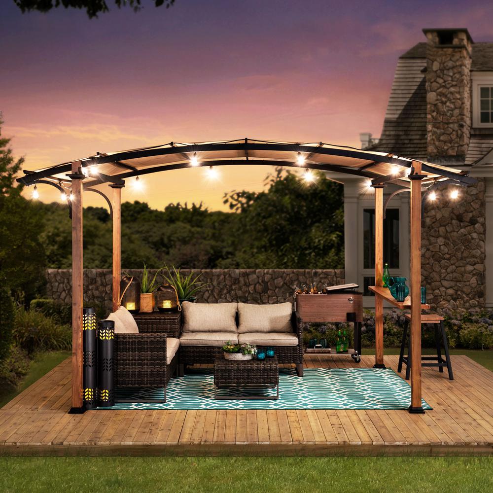Steel Arched Metal Pergola with Natural Wood Looking Finish and Tan Shade. Picture 12