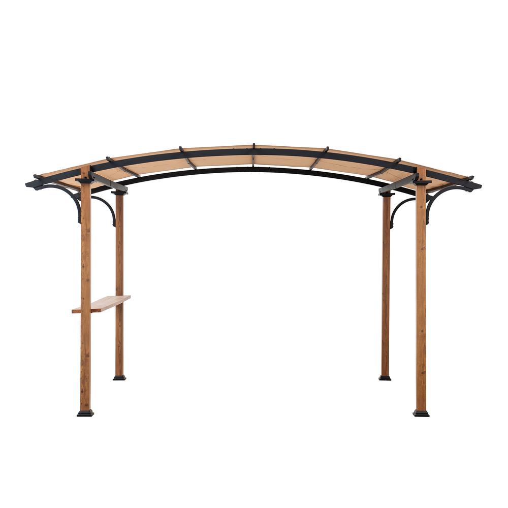 Steel Arched Metal Pergola with Natural Wood Looking Finish and Tan Shade. Picture 1