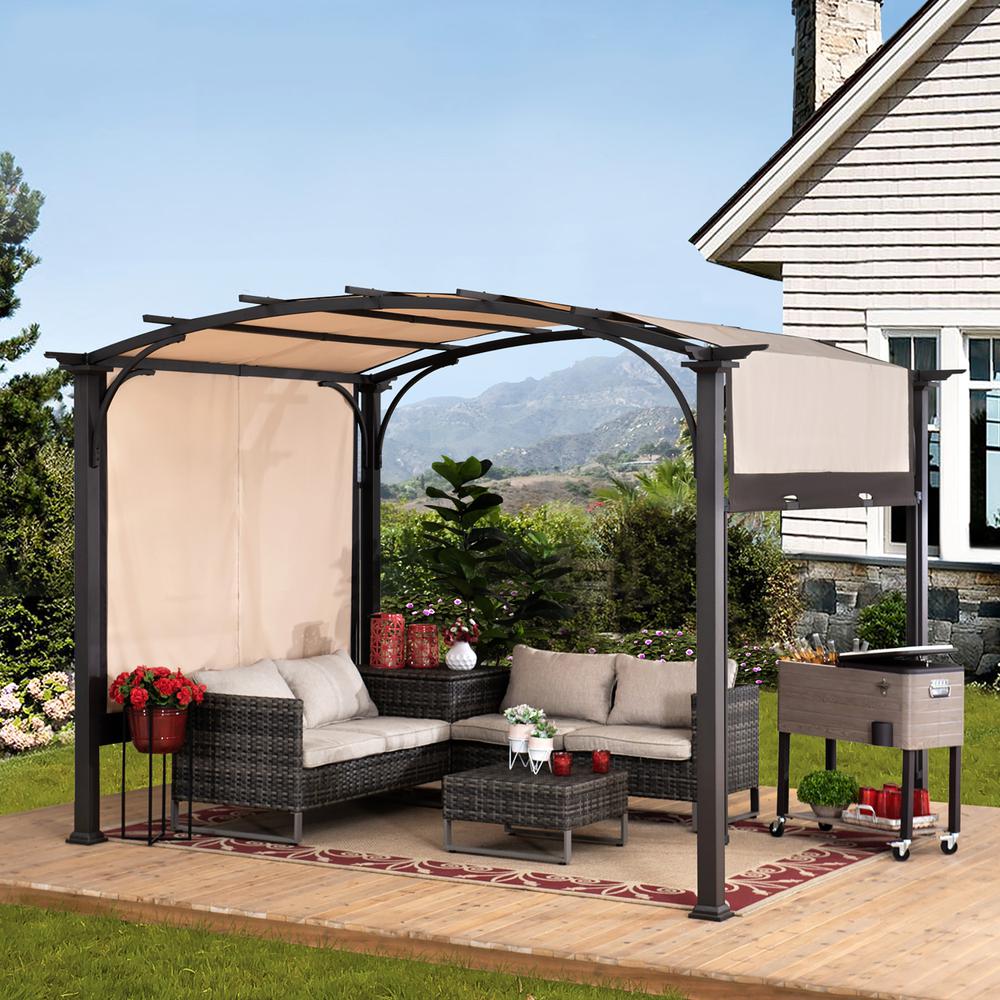 Sunjoy  9 x 11ft Outdoor Steel Arched Pergola with Adjustable Canopy. Picture 18