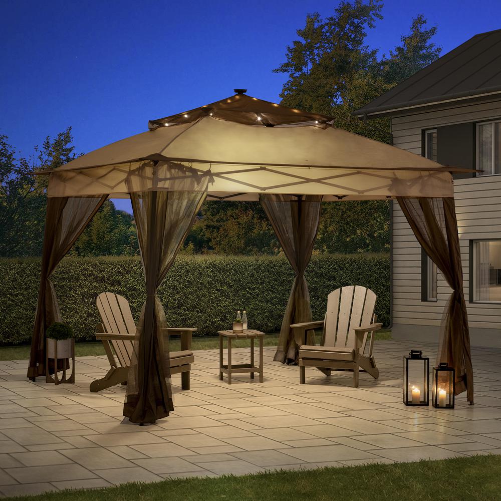 Sunjoy 11 ft. x 11 ft. Pop Up Portable Steel Gazebo with Solar LED Lighting in Brown. Picture 12