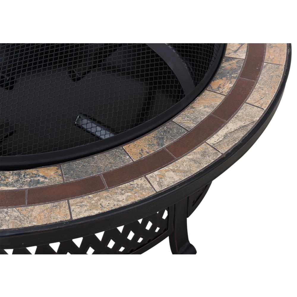 Sunjoy 40 Inch Fire Pit for Outside, Outdoor Round Wood Burning Fire Pit with Steel Mesh Spark Screen, Ceramic Tile Tabletop and Fire Poker, Large Bonfire for Patio and Backyard. Picture 5